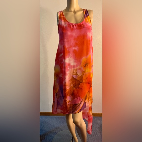 Women’s dress tie dye watercolor-abstract prnt asymmetrical hi-low chiffon S M L - Picture 2 of 4